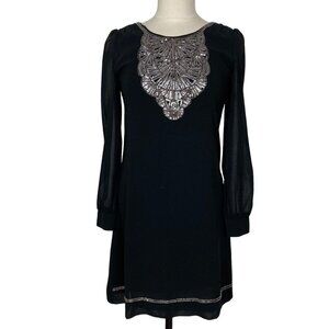 Lynn Adler Black Sequin Dress Small Sheer Sleeve Event Gala Beaded Sparkle